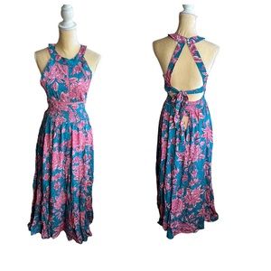 Abel the Label Anthropologie Maxi Dress NWT Teal Pink Sexy Back sz M